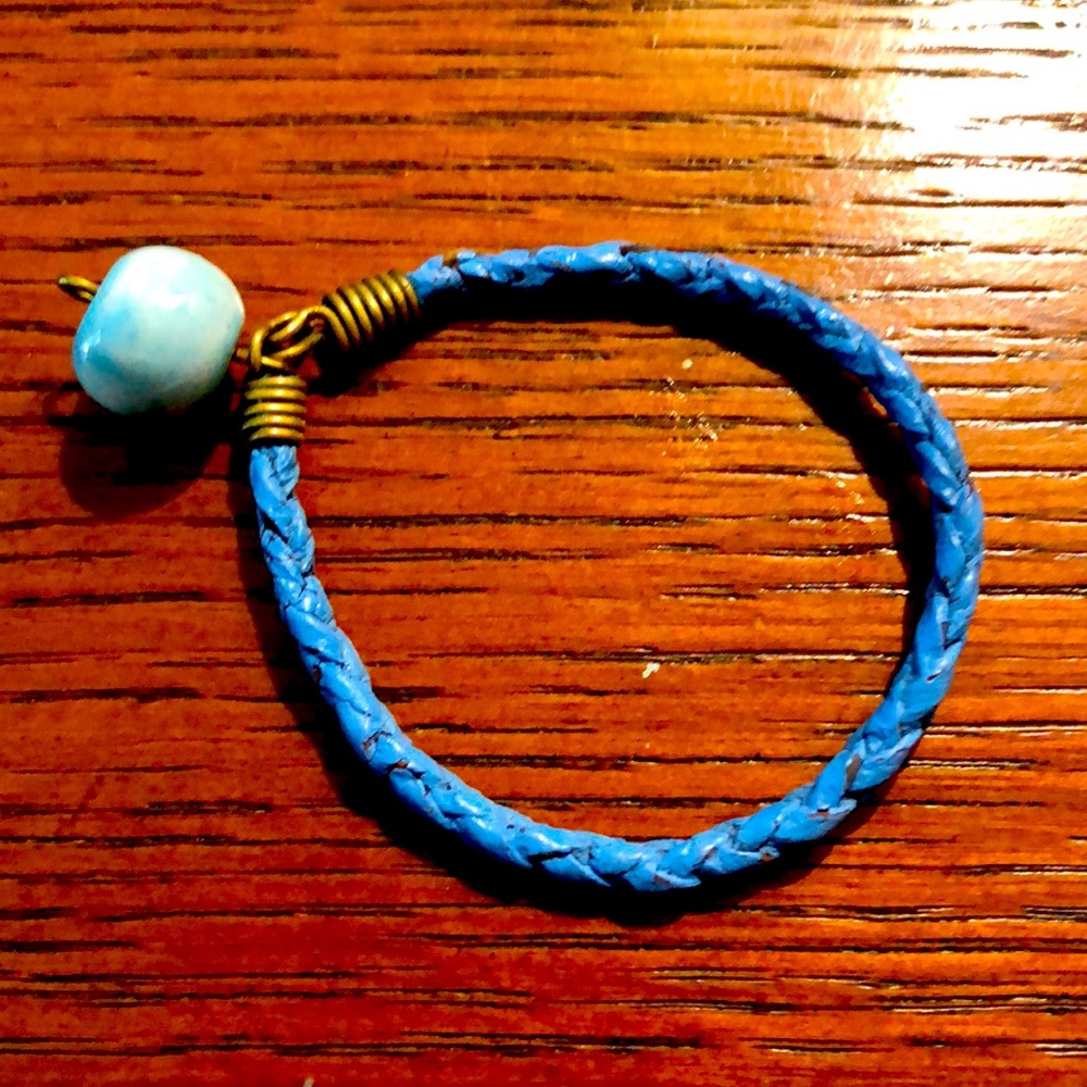 Small girls bracelet blue leather ceramic bead